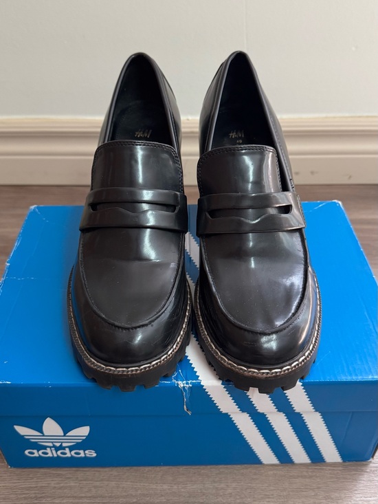 H&M Shoes - H&M Black Heeled Patent Penny Loafers with Lug Sole
